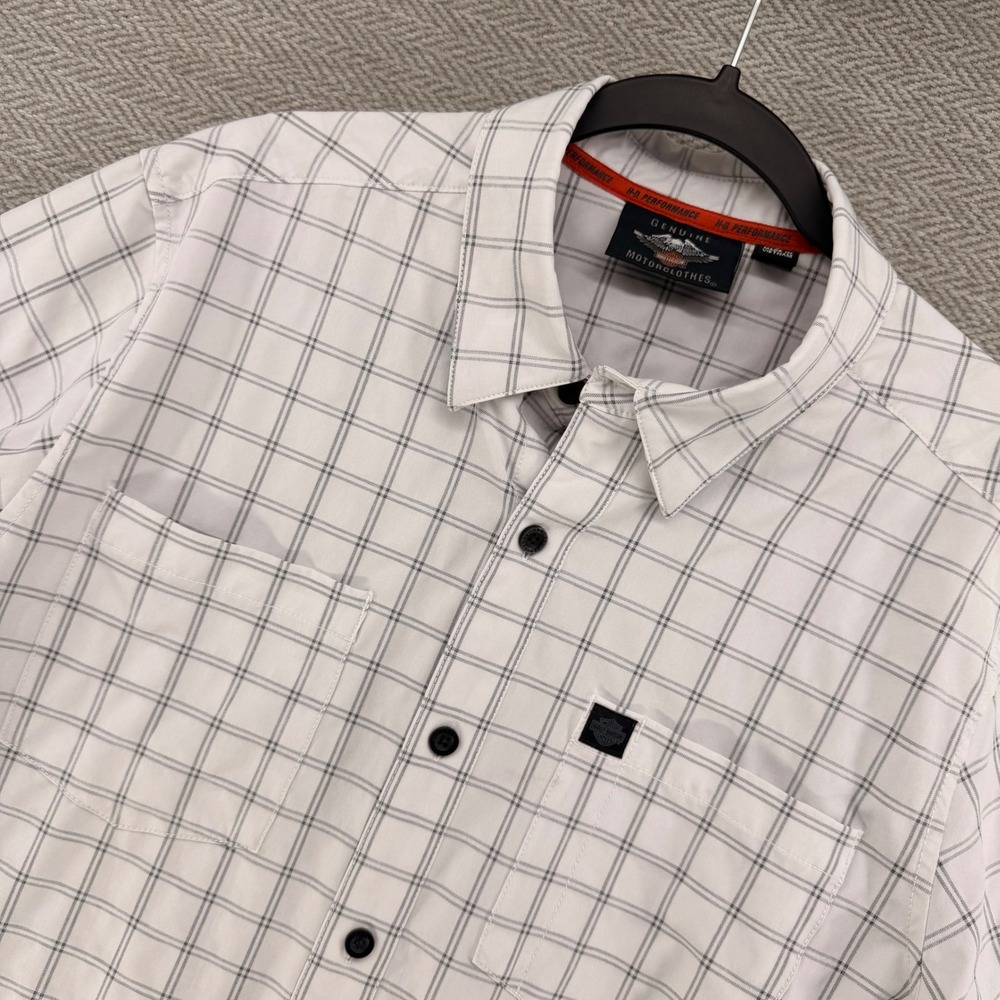 Harley-Davidson Mens White Grey Plaid Performance Short Sleeve Button Shirt L